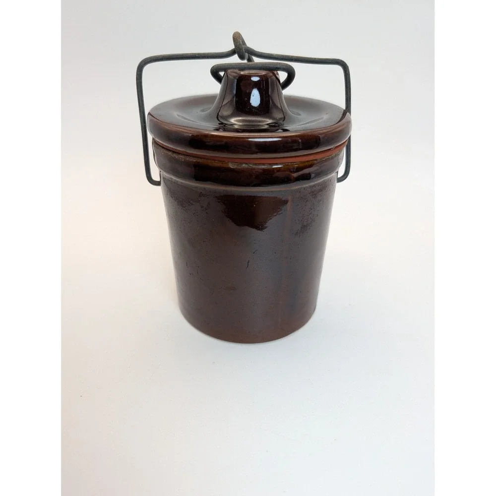 Vintage Mille Lacs Gourmet Foods Brown Stoneware Crock Jar Wire Bail 14oz